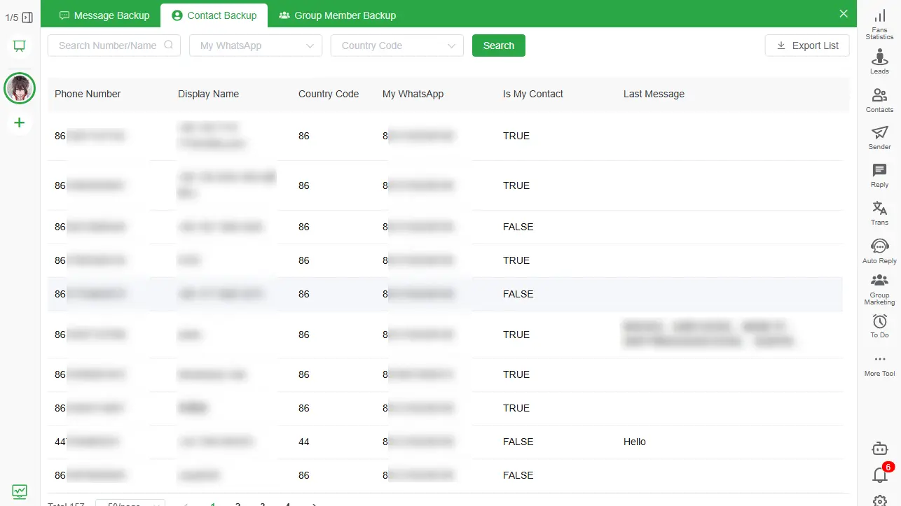 WhatsApp contact backup with search and export controls