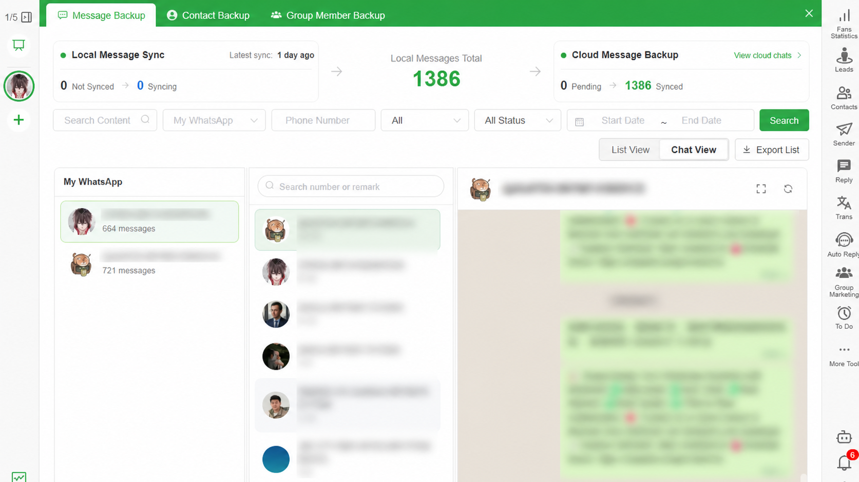 Bakvio conversation view for a readable local WhatsApp archive