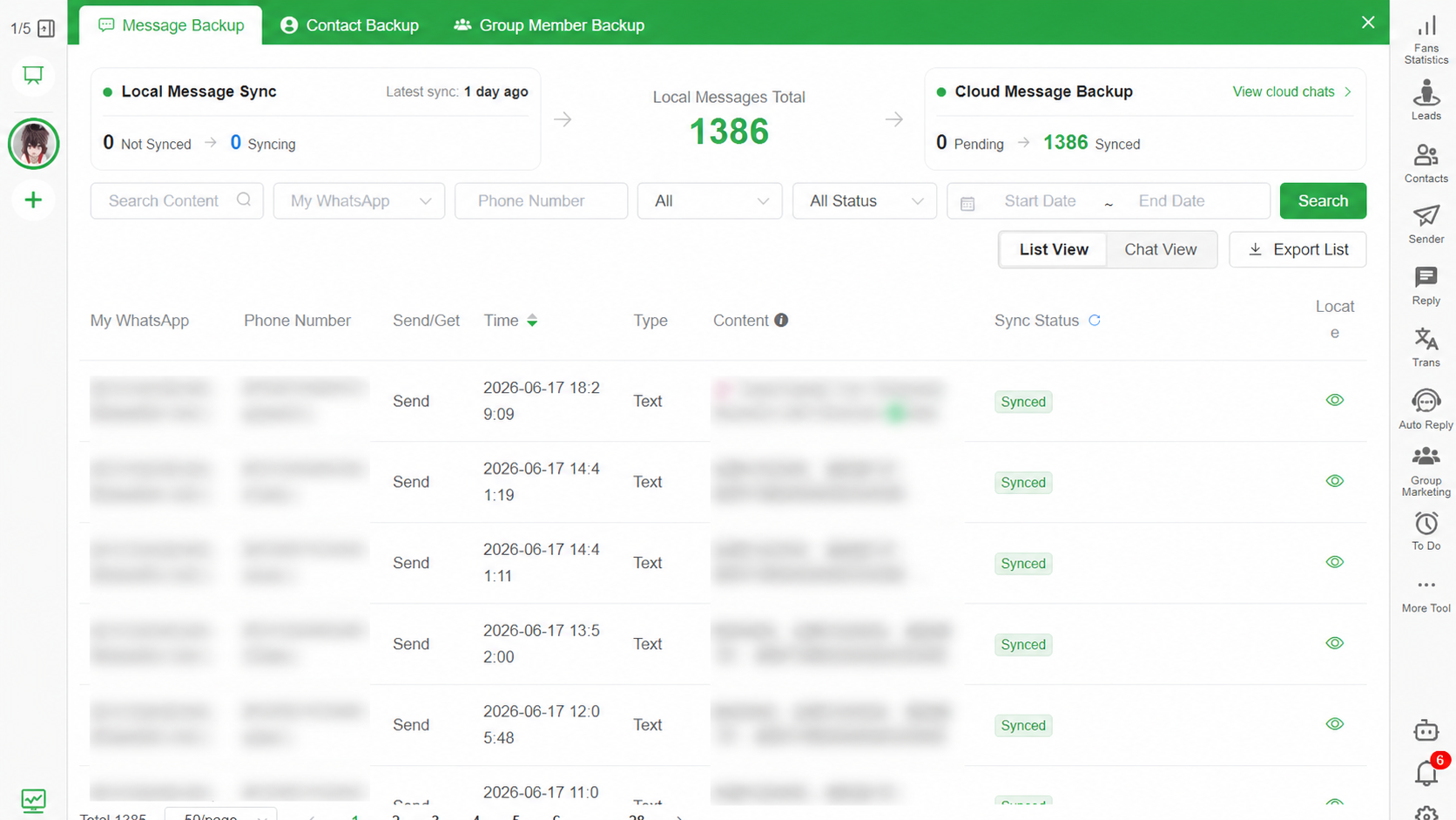 Bakvio list view for searching backed-up WhatsApp messages